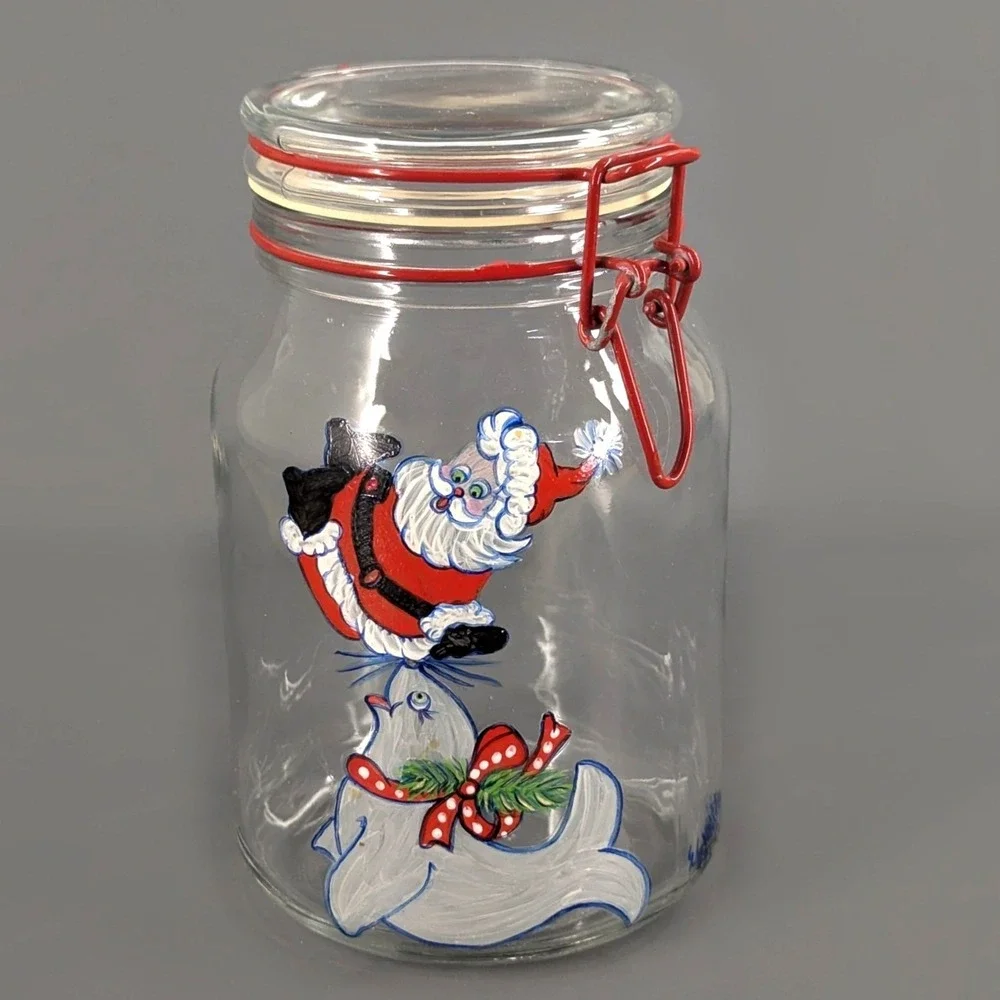VTG Hand Painted Santa and Seal Glass Jar Wire Bail Flip Top Christmas Canister